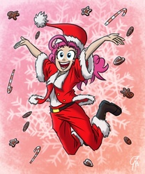 Size: 500x600 | Tagged: dead source, safe, artist:glancojusticar, pinkie pie, human, g4, candy, candy cane, christmas, cookie, costume, food, hat, humanized, santa hat