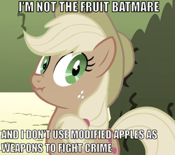 Size: 803x711 | Tagged: safe, applejack, g4, batman, image macro, liar face, liarjack, scrunchy face