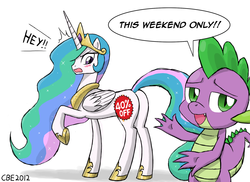 Size: 1750x1275 | Tagged: safe, artist:crimsonbugeye, gameloft, princess celestia, spike, g4, blushing, butt, label, plot, sale