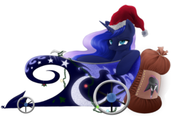 Size: 1569x1061 | Tagged: safe, artist:rouletteobsidian, princess luna, g4, christmas, christmas lights, hat, santa hat, sleigh