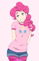 Size: 700x1103 | Tagged: safe, artist:ichan-desu, pinkie pie, human, g4, cute, diapinkes, female, hands behind back, humanized, pink background, simple background, smiling, solo