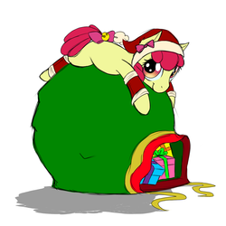 Size: 1000x1000 | Tagged: safe, artist:nessia, apple bloom, earth pony, pony, g4, female, hat, leg warmers, present, sack, santa hat, santa sack, solo