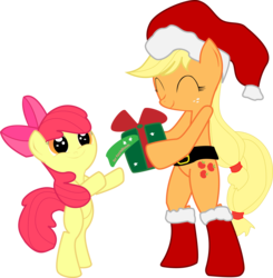 Size: 2378x2428 | Tagged: safe, artist:hoodie-stalker, apple bloom, applejack, earth pony, pony, g4, belt, bipedal, boots, bow, duo, duo female, eyes closed, female, hat, heartwarming, holding a present, hoof boots, present, santa hat, simple background, transparent background, vector