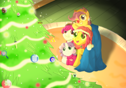 Size: 900x629 | Tagged: safe, artist:xnosidex, apple bloom, babs seed, scootaloo, sweetie belle, reindeer, g4, adventure time, batman, captain america, christmas, christmas tree, clothes, creeper, cutie mark crusaders, deadpool, doctor who, hat, holiday, homestuck, male, minecraft, poké ball, pokémon, red nose, santa hat, sweater, the legend of zelda, tree, triforce