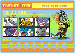 Size: 246x172 | Tagged: safe, artist:seaandsunshine, discord, absol, gengar, giratina, gyarados, misdreavus, shuppet, g4, crossover, pixel art, pokémon, pokémon team, trainer card