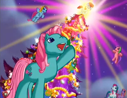 Size: 608x469 | Tagged: safe, artist:capnpea, edit, edited screencap, screencap, minty, thistle whistle, twist, earth pony, pegasus, pony, a very minty christmas, g3, g4, christmas, christmas tree, female, filly, foal, holiday, mare, photoshop, tree