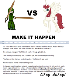 Size: 956x1053 | Tagged: safe, oc, oc only, oc:fausticorn, ascentia kortai, avengers, doomsday ascending, exploitable meme, fanfic, make it happen, meta, reference, response, tale of the valkyrie, text