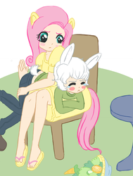 Size: 370x490 | Tagged: safe, artist:pastel-hime, angel bunny, fluttershy, g4, chair, clothes, dress, eared humanization, eyes closed, feet, flip-flops, fluttermom, humanized, humanized pet, midriff, over the knee, punishment, sandals, sitting, spanking, tailed humanization