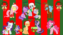 Size: 1920x1080 | Tagged: safe, artist:neodarkwing, amethyst star, applejack, derpy hooves, dinky hooves, fluttershy, pinkie pie, rainbow dash, rarity, sparkler, spike, sweetie belle, twilight sparkle, pegasus, pony, g4, bells, christmas, clothes, costume, female, hat, holly, mare, present, santa hat, scarf, wreath