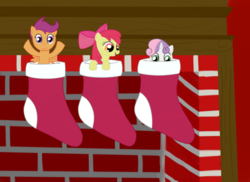Size: 900x654 | Tagged: safe, artist:scootscoots, apple bloom, scootaloo, sweetie belle, g4, christmas, christmas stocking, cutie mark crusaders, fireplace