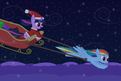 Size: 900x600 | Tagged: safe, artist:joey, rainbow dash, twilight sparkle, g4, christmas, female, hat, lesbian, santa hat, ship:twidash, shipping, sleigh