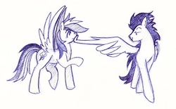 Size: 571x355 | Tagged: safe, artist:crowneprince, rainbow dash, soarin', g4, fanfic, female, male, ship:soarindash, shipping, sketch, straight, wing hands