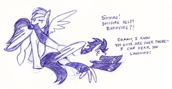 Size: 607x313 | Tagged: safe, artist:crowneprince, rainbow dash, soarin', g4, clothes, fanfic, female, male, monochrome, ship:soarindash, shipping, sketch, socks, straight, traditional art, undressing