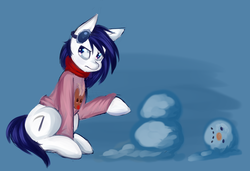 Size: 1280x874 | Tagged: safe, artist:mlk, oc, oc only, oc:extradan pony, pony, clothes, earmuffs, scarf, snowman, solo, sweater