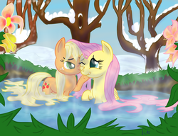 Size: 1660x1276 | Tagged: safe, artist:kittyhawk-contrail, applejack, fluttershy, earth pony, pegasus, pony, fanfic:where they are joined, g4, fanfic art, female, flower, hot springs, lesbian, loose hair, mare, missing accessory, ship:appleshy, shipping, snow, water, wet mane