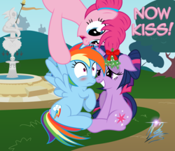 Size: 8000x6896 | Tagged: dead source, safe, artist:nightmaremoons, pinkie pie, rainbow dash, twilight sparkle, g4, absurd resolution, alternate hairstyle, blushing, female, lesbian, mistletoe, now kiss, ship:twidash, shipper on deck, shipping