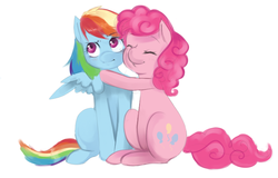 Size: 751x481 | Tagged: safe, artist:cyahna, pinkie pie, rainbow dash, earth pony, pegasus, pony, g4, blushing, eyes closed, female, hug, lesbian, looking away, mare, ship:pinkiedash, shipping, simple background, sitting, smiling, white background, wings