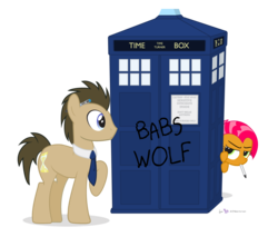 Size: 1500x1275 | Tagged: safe, artist:dm29, babs seed, doctor whooves, time turner, earth pony, pony, g4, bad wolf, doctor who, duo, female, filly, foal, male, necktie, parody, simple background, sonic screwdriver, stallion, tardis, the doctor, transparent background