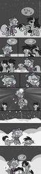 Size: 666x2796 | Tagged: safe, artist:egophiliac, princess luna, oc, oc:frolicsome meadowlark, oc:sunshine smiles (egophiliac), bat pony, pony, moonstuck, g4, cartographer's cap, clothes, comic, cute, grayscale, hat, monochrome, scarf, snow, speech bubble, woona, woonoggles