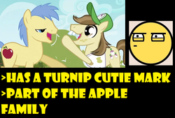 Size: 872x591 | Tagged: safe, edit, edited screencap, screencap, hayseed turnip truck, red delicious, earth pony, pony, apple family reunion, g4, apple family member, background pony, baseball cap, bucktooth, cap, clothes, duo, hat, hilarious in hindsight, male, meta, open mouth, shirt, stallion, turnip, yellow words