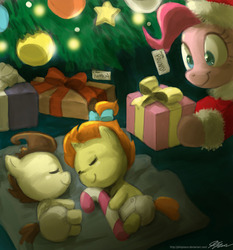 Size: 900x964 | Tagged: safe, artist:johnjoseco, pinkie pie, pound cake, pumpkin cake, g4, baby, candy cane, christmas, christmas tree, clothes, cute, diaper, diapinkes, hat, present, santa costume, santa hat, sleeping, tree