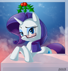 Size: 1008x1058 | Tagged: dead source, safe, artist:skyart301, rarity, pony, unicorn, g4, beautiful, blushing, christmas, female, glasses, holiday, holly, holly mistaken for mistletoe, looking at you, mare, raised eyebrow, signature, solo