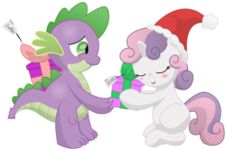 Size: 14400x9600 | Tagged: safe, artist:prinnyaniki, spike, sweetie belle, dragon, pony, unicorn, g4, absurd resolution, blushing, christmas, christmas presents, cute, eyes closed, female, filly, hat, hearth's warming, hearth's warming eve, holiday, interspecies, male, present, santa hat, ship:spikebelle, shipping, simple background, straight, transparent background