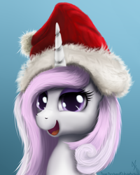 Size: 1030x1290 | Tagged: safe, artist:sonicrainboom93, fleur-de-lis, pony, g4, blue background, christmas, female, happy, hat, open mouth, santa hat, simple background, smiling, solo