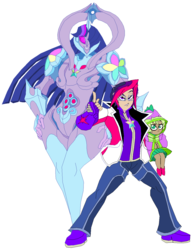 Size: 1026x1339 | Tagged: safe, artist:terry, spike, twilight sparkle, g4, barb, clothes, crossover, dusk shine, fan fic bait, female, humanized, jojo's bizarre adventure, male, pants, parody, rule 63, simple background, skirt, stand, white background