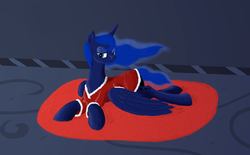 Size: 1200x745 | Tagged: safe, artist:pageturner1988, princess luna, pony, g4, clothes, female, prone, solo