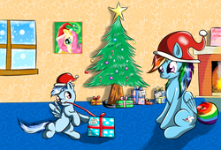 Size: 2200x1500 | Tagged: safe, artist:ac-whiteraven, derpy hooves, rainbow dash, oc, oc:tempest, pegasus, pony, g4, christmas, duo, female, mare, mother and son, offspring, parent:rainbow dash, parent:unnamed oc, parents:canon x oc
