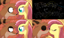 Size: 6234x3722 | Tagged: safe, artist:mordecairigbylover, fluttershy, g4, crossover, imminent kissing, male, regular show, rigby (regular show)