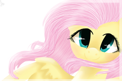 Size: 3000x2000 | Tagged: safe, artist:marisalle, fluttershy, pegasus, pony, g4, bust, female, looking at you, mare, portrait, signature, simple background, smiling, smiling at you, solo, white background