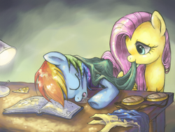 Size: 800x604 | Tagged: safe, artist:flutterdashwhore, fluttershy, rainbow dash, pegasus, pony, g4, blanket, book, drool, duo, female, goggles, lesbian, ship:flutterdash, shipping, sleeping, wonderbolt trainee uniform