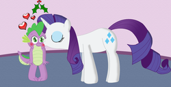 Size: 1024x524 | Tagged: safe, artist:cyber-murph, rarity, spike, dragon, pony, unicorn, g4, blushing, cheek kiss, cute, eyes closed, female, hearth's warming eve, holly, holly mistaken for mistletoe, kissing, male, ship:sparity, shipping, smiling, straight