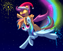 Size: 1778x1456 | Tagged: dead source, safe, artist:tidalwav-3, rainbow dash, scootaloo, pegasus, pony, g4, duo, duo female, female, fireworks, hat, rainbow trail, santa hat, scootalove