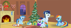 Size: 900x351 | Tagged: safe, artist:selecteddash, rainbow dash, soarin', oc, oc:ragtag, oc:shooting star, g4, family, female, hearth's warming eve, male, offspring, parent:rainbow dash, parent:soarin', parents:soarindash, ship:soarindash, shipping, straight