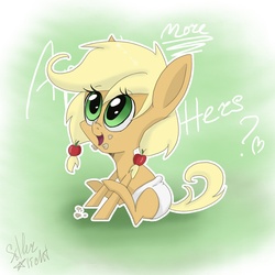 Size: 1200x1200 | Tagged: safe, artist:silbersternenlicht, applejack, g4, apple fritter (food), baby, babyjack, diaper, filly