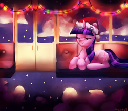 Size: 1147x996 | Tagged: safe, artist:mewball, twilight sparkle, pony, g4, christmas lights, female, hat, solo