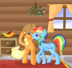 Size: 2000x1898 | Tagged: safe, artist:marikaefer, artist:ratofdrawn, applejack, rainbow dash, earth pony, pegasus, pony, g4, apple, blushing, female, food, lesbian, mistletoe, nuzzling, ship:appledash, shipping