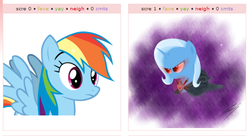 Size: 533x291 | Tagged: safe, rainbow dash, trixie, g4, derpibooru christmas theme, exploitable meme, juxtaposition, juxtaposition win