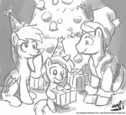 Size: 800x733 | Tagged: safe, artist:johnjoseco, derpy hooves, dinky hooves, doctor whooves, time turner, pegasus, pony, g4, christmas, female, grayscale, hearth's warming eve, mare, monochrome