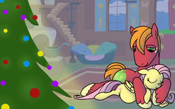 Size: 2400x1500 | Tagged: safe, artist:pampoke, big macintosh, fluttershy, earth pony, pony, g4, hearth's warming eve, male, pregnant, ship:fluttermac, shipping, stallion, straight