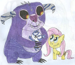 Size: 900x786 | Tagged: safe, artist:sithvampiremaster27, fluttershy, g4, crossover, kaijudo, littlest pet shop, penny ling, scaradorable of gloom hollow