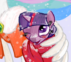 Size: 512x448 | Tagged: safe, artist:untiltheballoons, princess celestia, twilight sparkle, alicorn, pony, unicorn, g4, blushing, clothes, eyelashes, horn, hug, momlestia, open mouth, scarf, smiling, snow, snowfall, winghug, wink