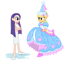 Size: 2000x1800 | Tagged: safe, artist:trinityinyang, applejack, rarity, human, g4, look before you sleep, clothes, dress, dress lift, dressup, ear piercing, earring, froufrou glittery lacy outfit, hennin, humanized, jewelry, necklace, pearl necklace, piercing, princess applejack, scene interpretation, simple background, skinny, thin, transparent background, wet, wet mane, wet mane rarity