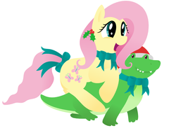 Size: 867x634 | Tagged: safe, artist:giantsquidie, fluttershy, dinosaur, pony, g4, bow, female, mare, riding, tail, tail bow