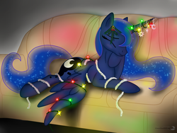 Size: 3200x2400 | Tagged: safe, artist:groovebird, princess luna, alicorn, pony, g4, christmas, christmas lights, couch, cute, eyes closed, female, ribbon, smiling, solo, tinsel