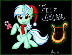 Size: 1405x1067 | Tagged: safe, artist:rammzblood, lyra heartstrings, pony, unicorn, g4, candy, candy cane, christmas, clothes, feliz navidad, food, hat, holiday, santa hat, scarf, smiling, solo, spanish