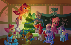 Size: 1646x1041 | Tagged: dead source, safe, artist:reuniclus, apple bloom, cheerilee, diamond tiara, liza doolots, petunia, scootaloo, silver spoon, snails, snips, sweetie belle, tootsie flute, twist, earth pony, pegasus, pony, unicorn, g4, apple bloom's bow, bipedal, blank flank, bow, candy, chalkboard, christmas, christmas lights, christmas tree, cutie mark crusaders, eyes closed, female, filly, foal, food, freckles, glasses, glowing, glowing horn, hair bow, holiday, hoof hold, horn, jewelry, magic, magic aura, mare, merry christmas, mouth hold, open mouth, open smile, pony pile, ponyville schoolhouse, present, raised hoof, scissors, sitting, smiling, telekinesis, tiara, tower of pony, tree